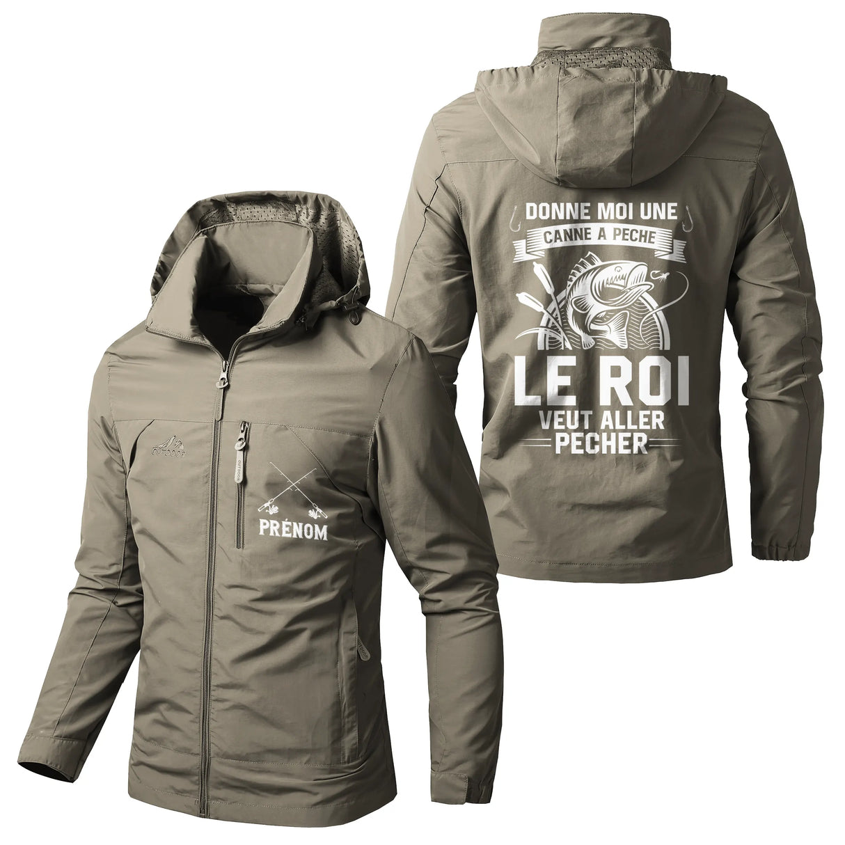 Veste imperméable pêche noire à capuche, slogan Donne-moi une canne, le Roi veut aller pêcher, prénom personnalisé