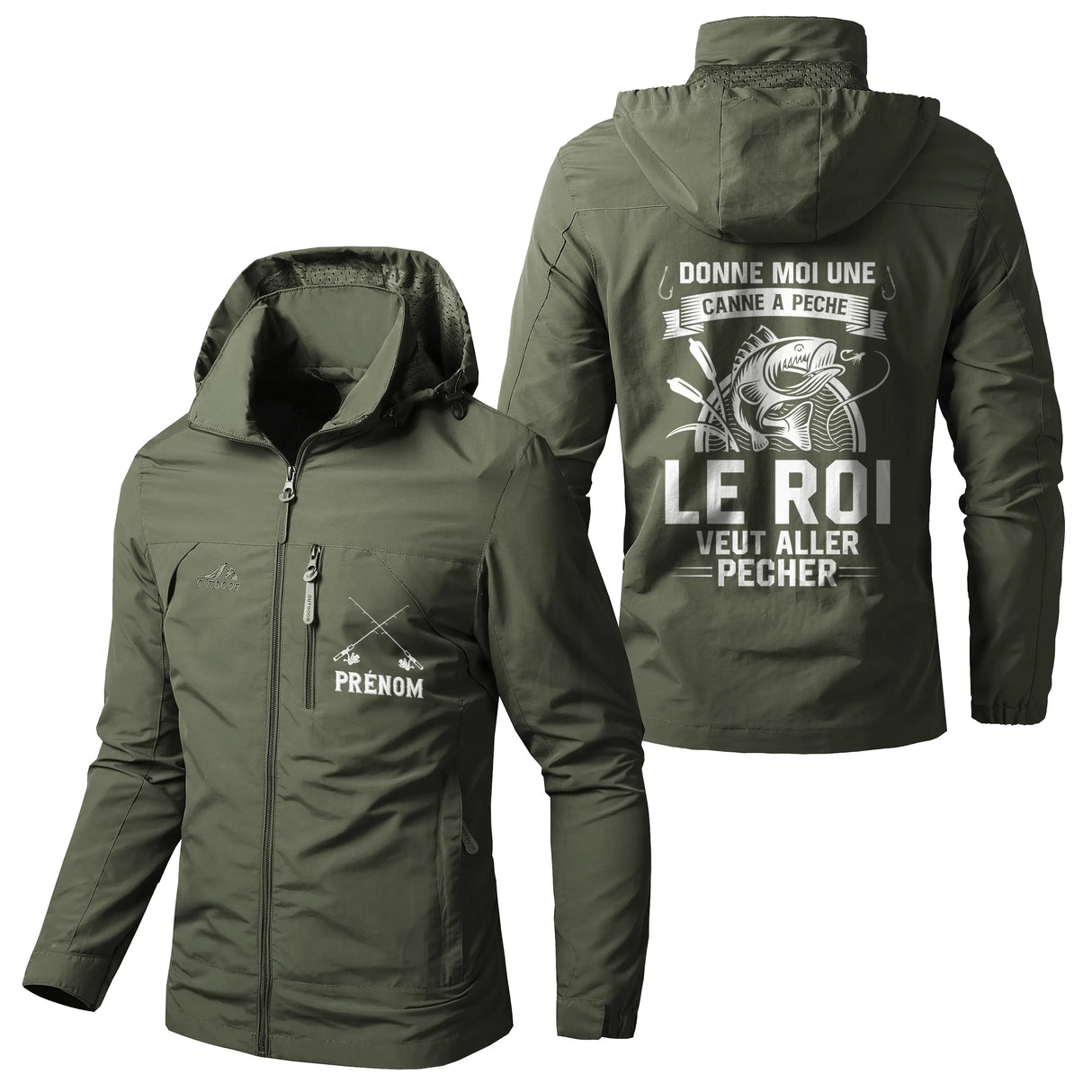 Veste imperméable pêche marine à capuche, slogan Donne-moi une canne, le Roi veut aller pêcher, prénom personnalisé