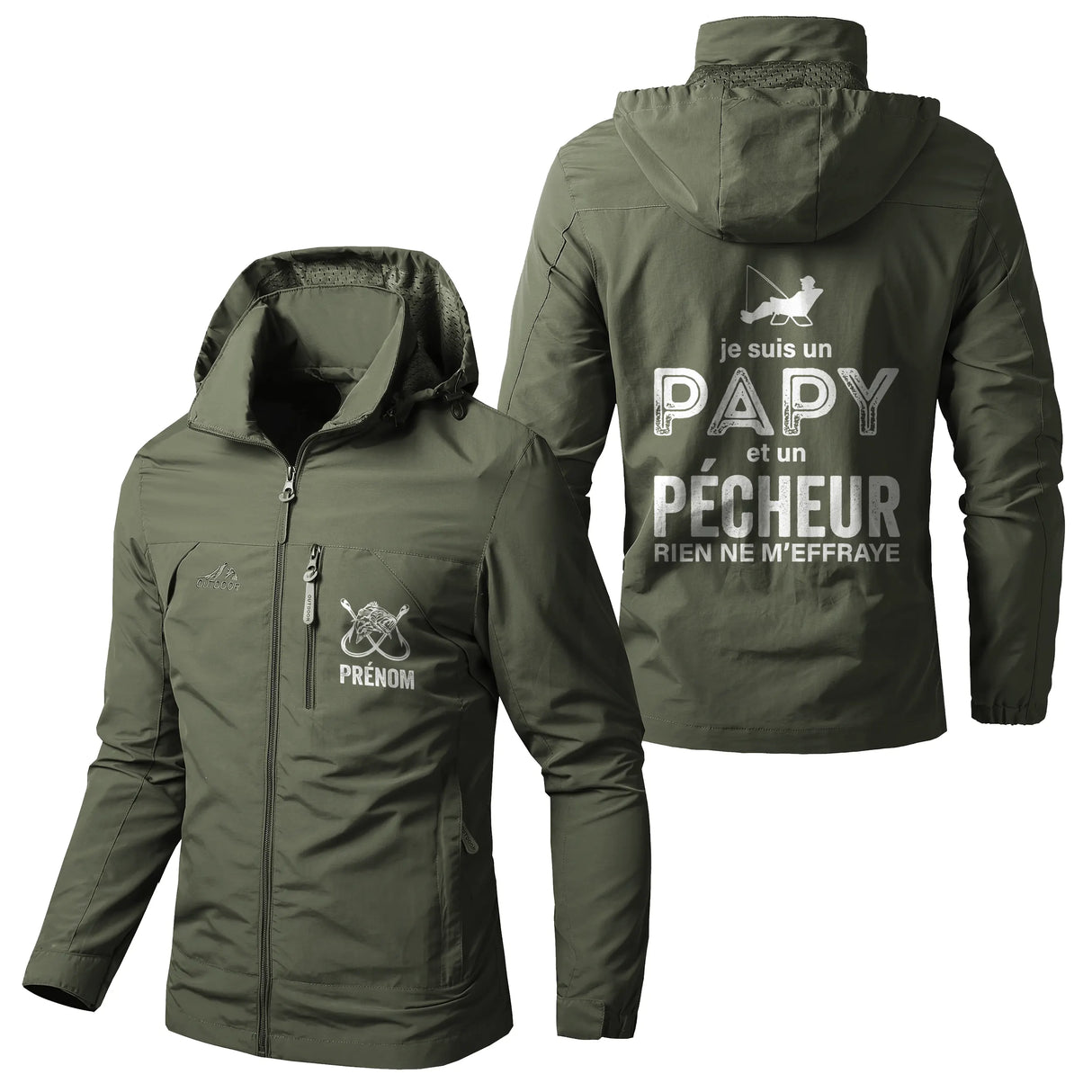 Veste imperméable pêche marine à capuche, slogan Je suis un papy et un pêcheur rien ne m'effraye, prénom personnalisé