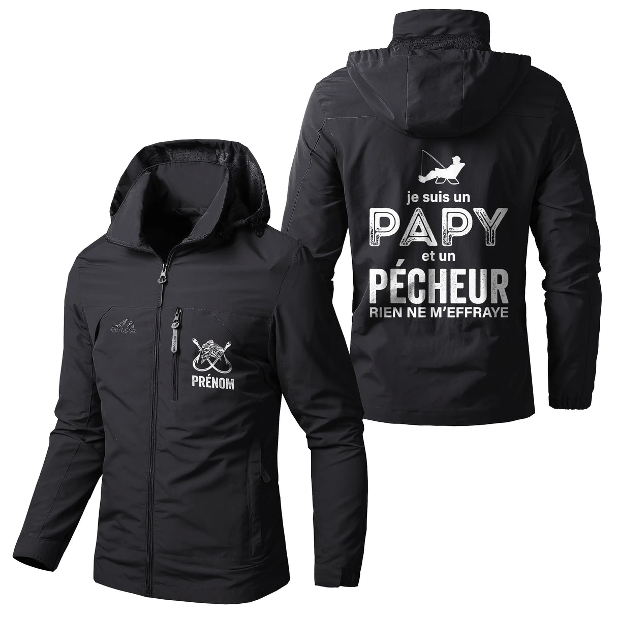 Veste imperméable pêche vert militaire à capuche, slogan Je suis un papy et un pêcheur rien ne m'effraye, prénom personnalisé
