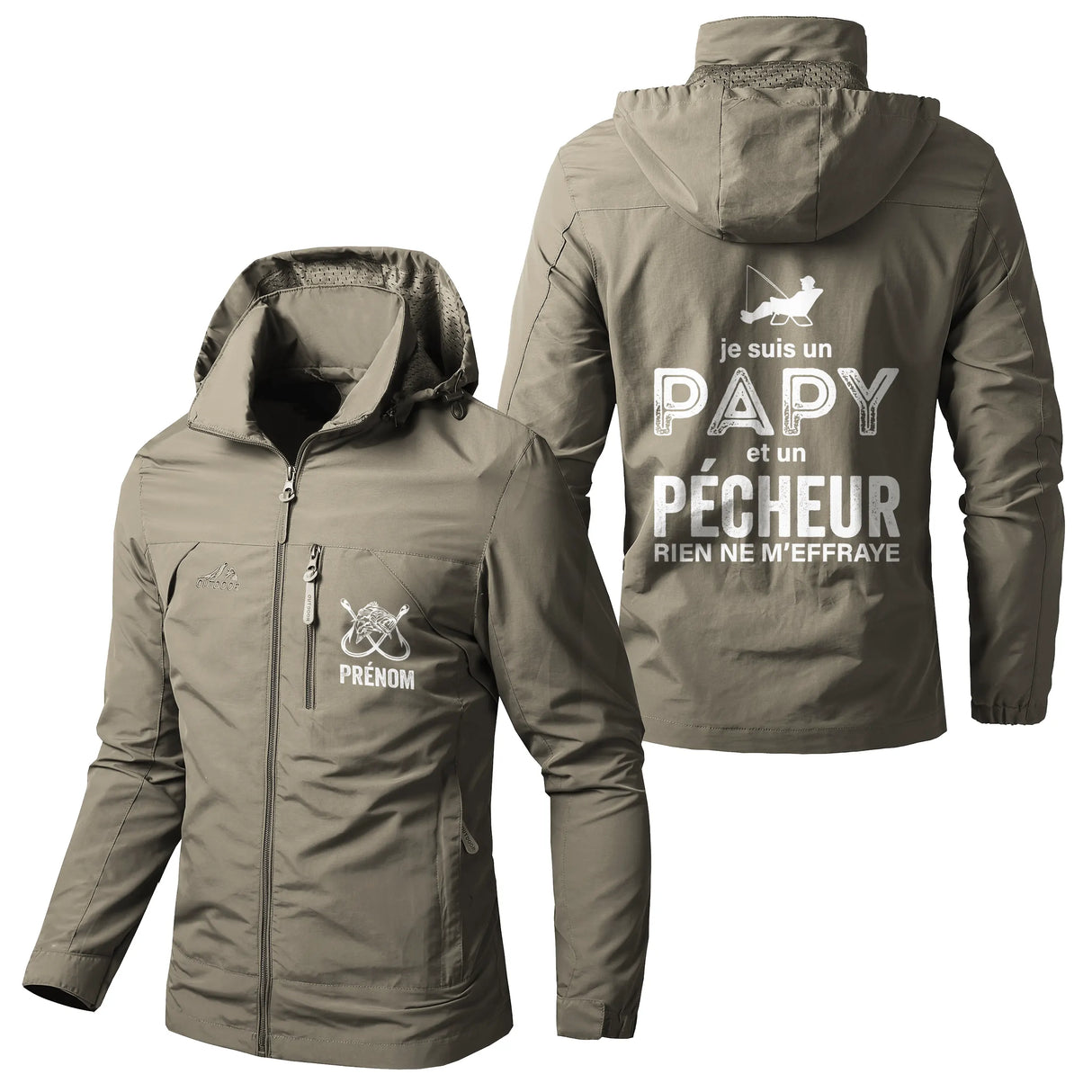 Veste imperméable pêche noire à capuche, slogan Je suis un papy et un pêcheur rien ne m'effraye, prénom personnalisé