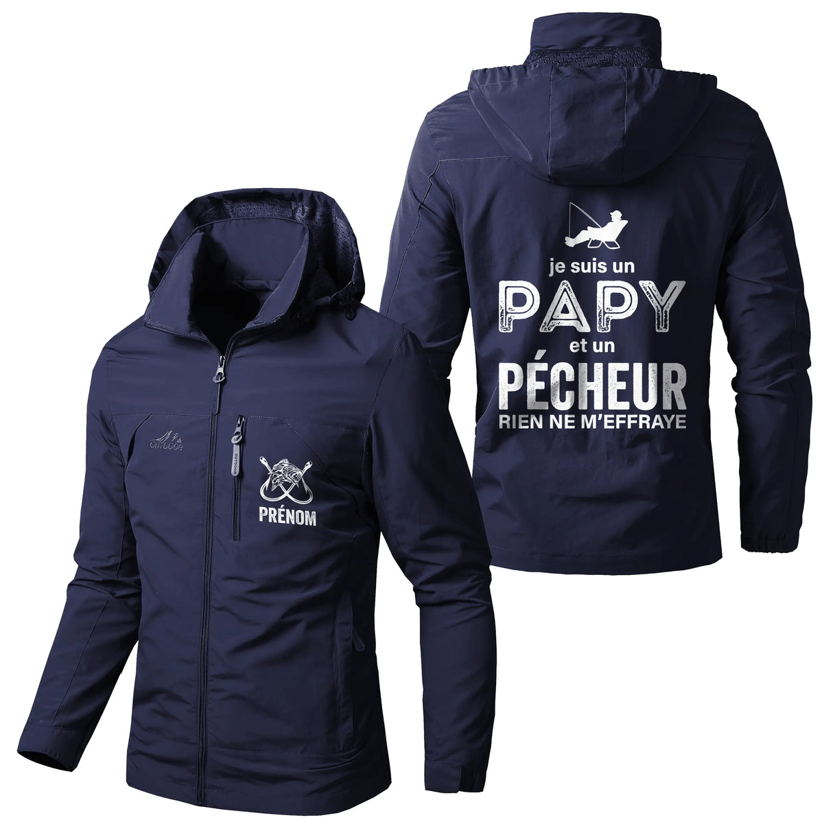 Veste imperméable pêche kaki à capuche, slogan Je suis un papy et un pêcheur rien ne m'effraye, prénom personnalisé