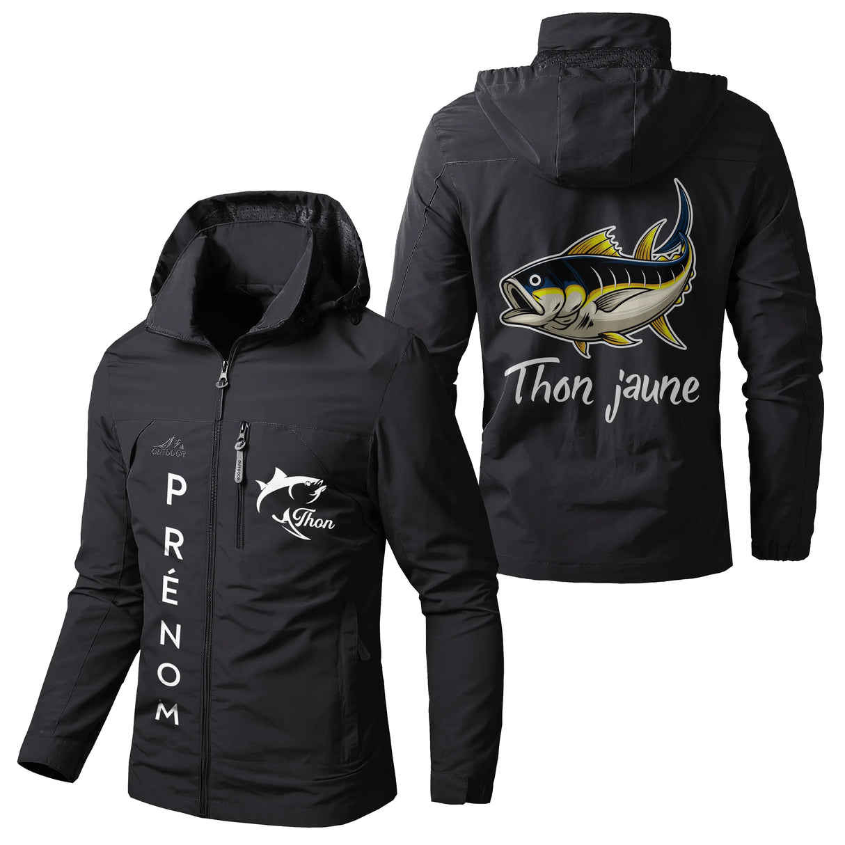 Veste pêche noire à capuche, motif thon jaune et inscription Thon jaune, prénom personnalisé