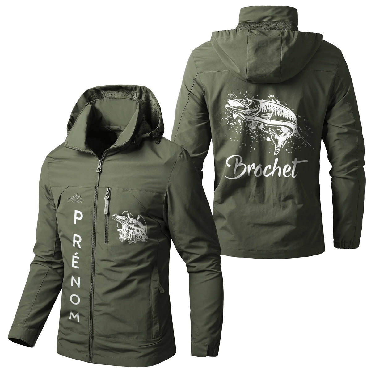 Veste pêche marine à capuche, illustration brochet noir et blanc, prénom personnalisé