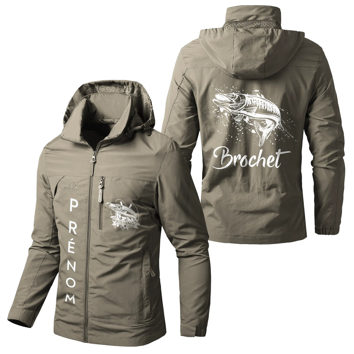 Veste pêche noire à capuche, motif brochet et inscription Brochet, prénom personnalisé