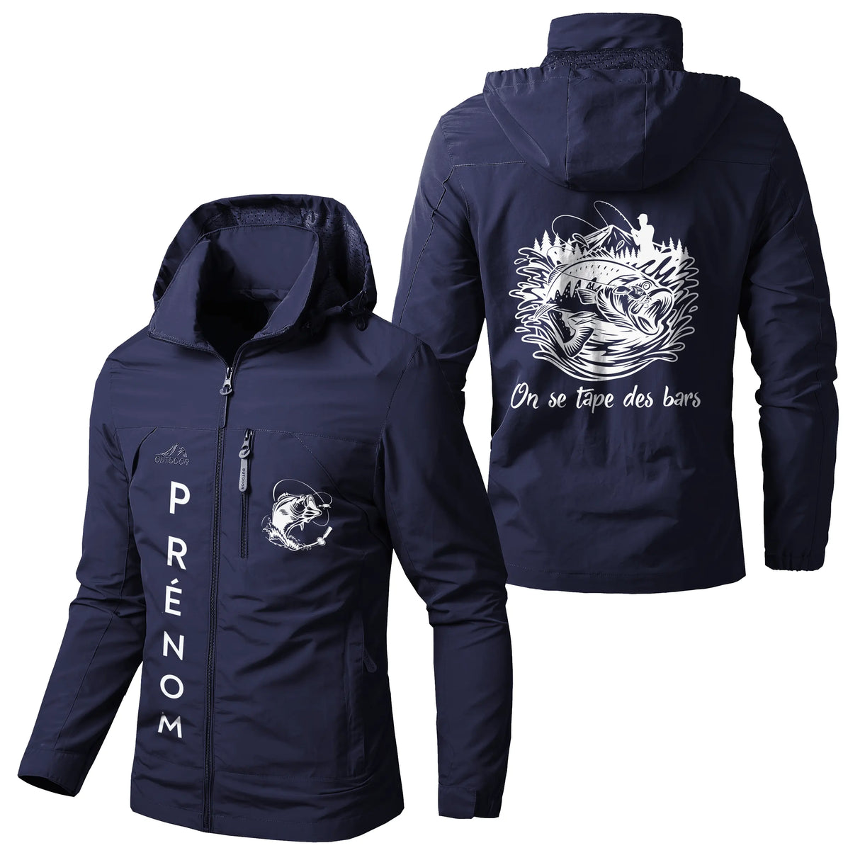 Veste pêche kaki à capuche, slogan humour bars et illustration, prénom personnalisé