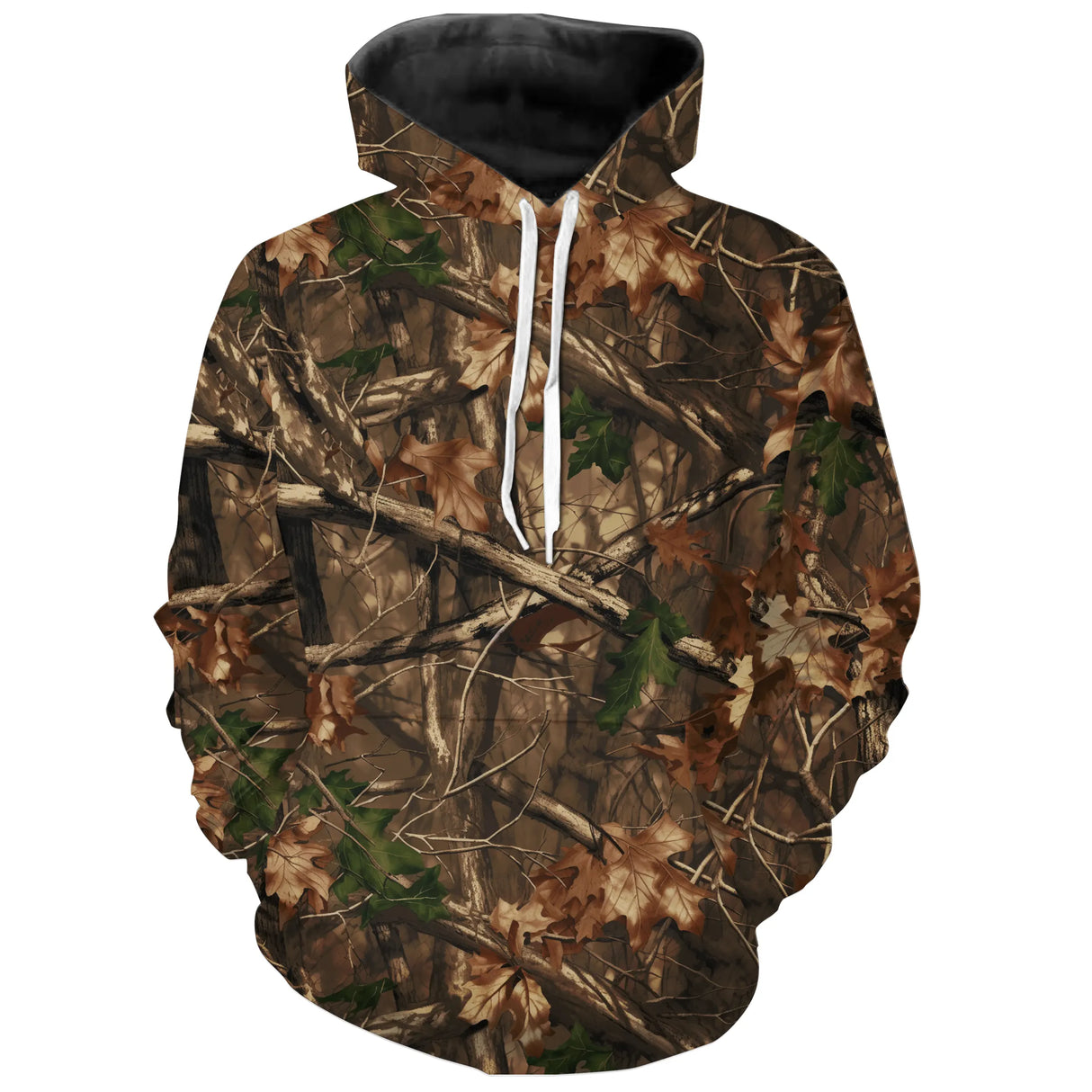 Sweat à capuche all-over camouflage forêt feuillage brun vert coupe unisexe