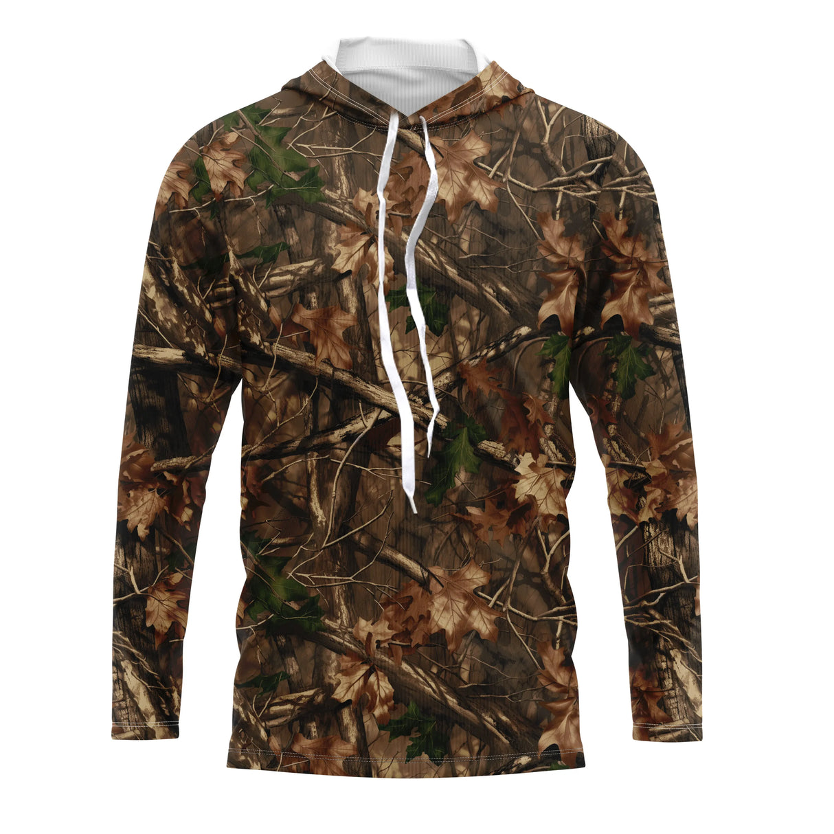 Hoodie capuche anti-UV camouflage forêt feuillage brun vert pour pêcheurs et chasseurs