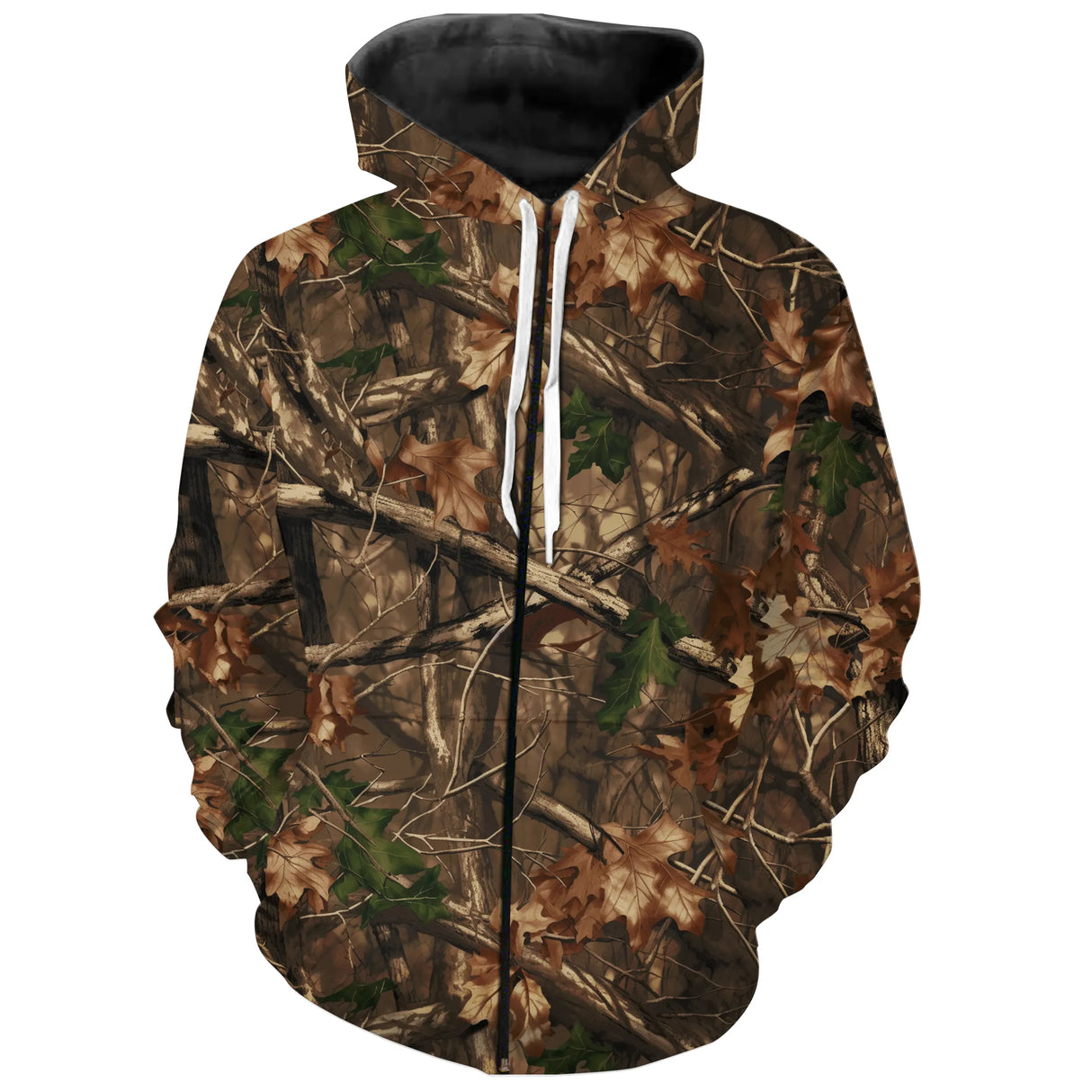 Sweat zippé all-over camouflage forêt feuillage brun vert pour pêcheurs chasseurs