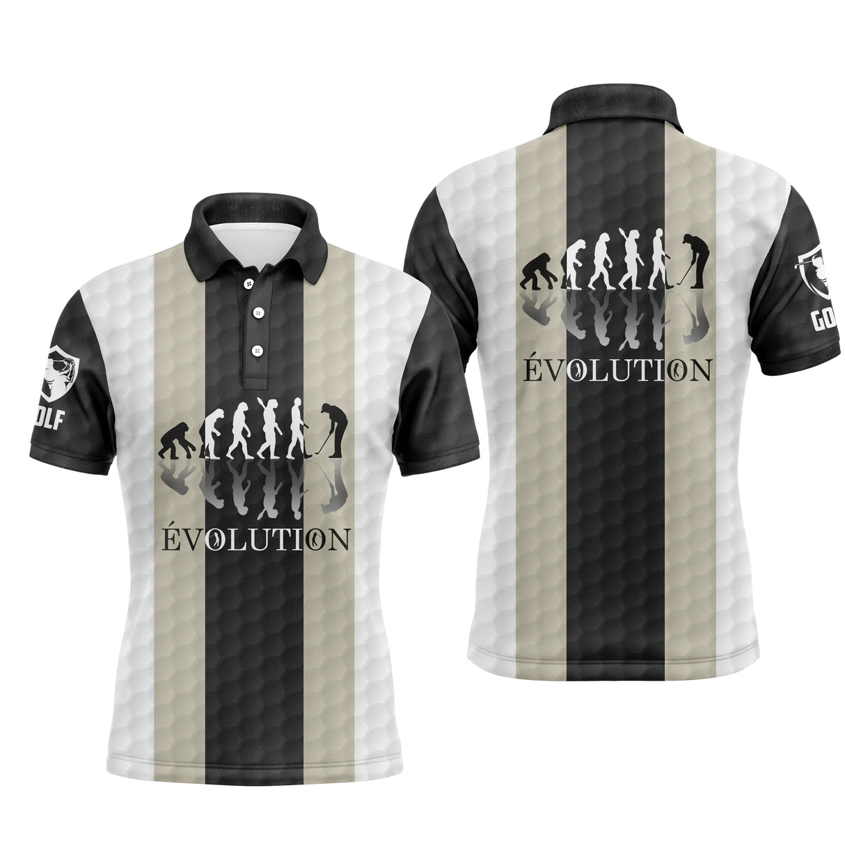 Polo de golf personnalisé homme rayures verticales noir et sable beige avec frise EVOLUTION silhouettes golfeur