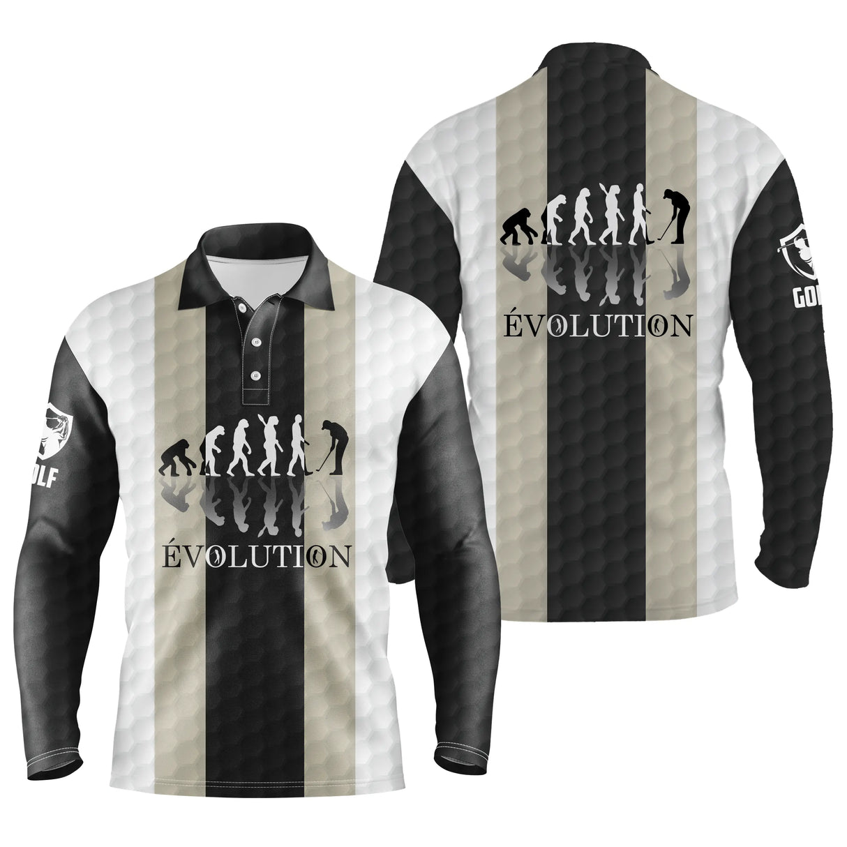 Polo de golf manches longues unisexe rayures noir et sable frise EVOLUTION pour parcours frais