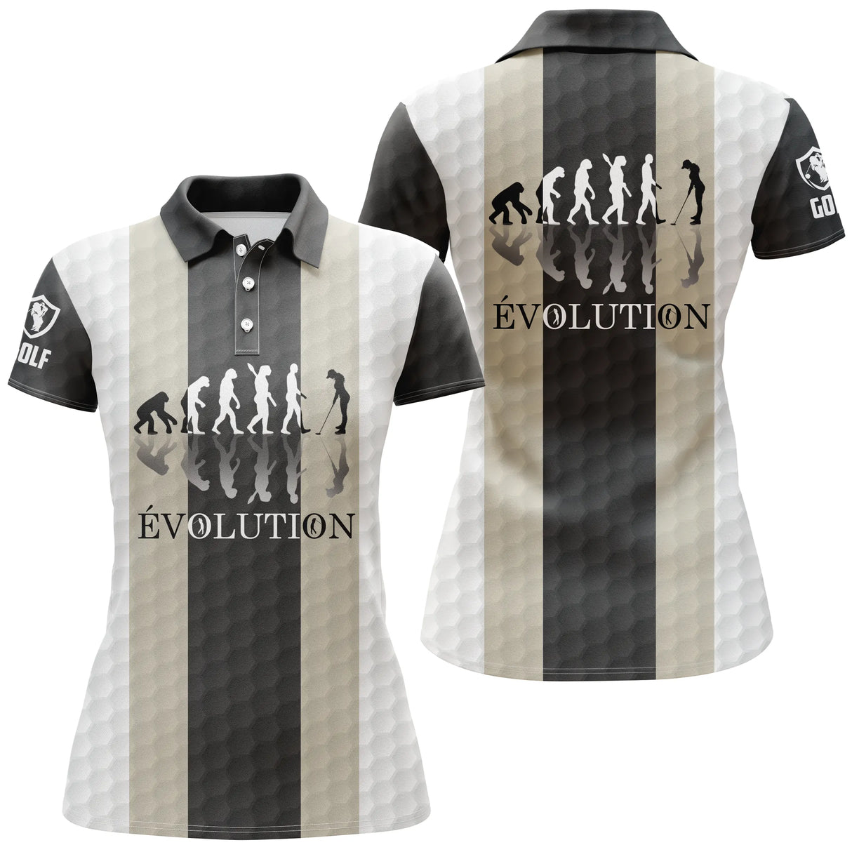 Polo de golf femme rayures noir et sable beige avec frise évolution silhouettes coupe ajustée féminine
