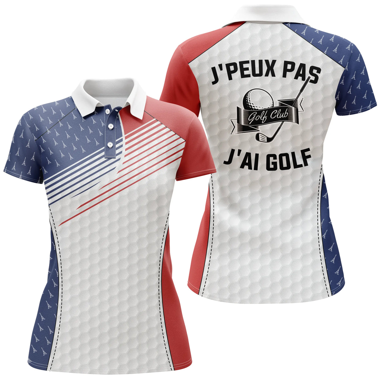 Polo golf vue de face design tricolore bleu rouge blanc, motif balle de golf, coupe homme et femme disponible