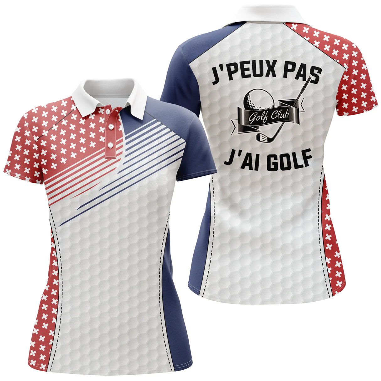 Polo golf drapeau Suisse vue de face, design blanc et rouge avec croix helvétiques, coupe homme et femme personnalisable