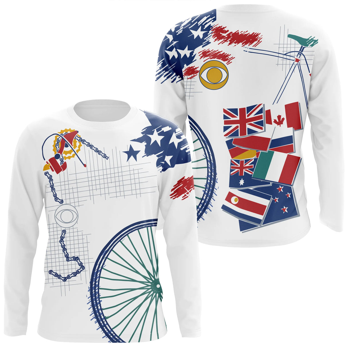 T-shirt cyclisme variante avec roue de vélo et nations