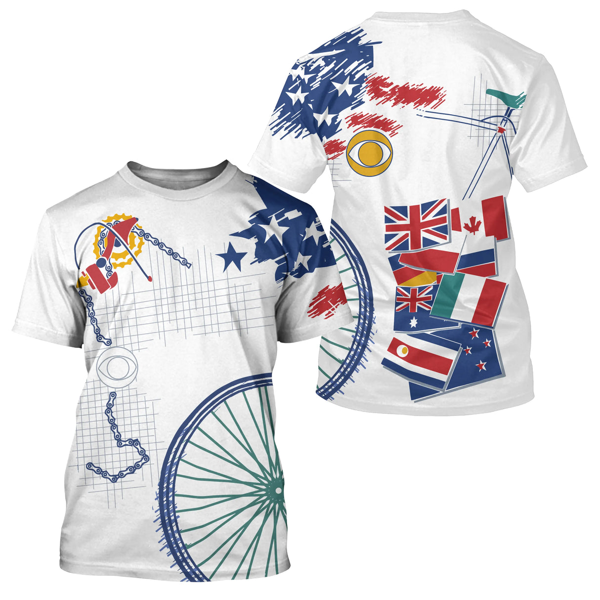 T-shirt cyclisme blanc all-over unisexe avec drapeaux des nations et roue de vélo, motif international