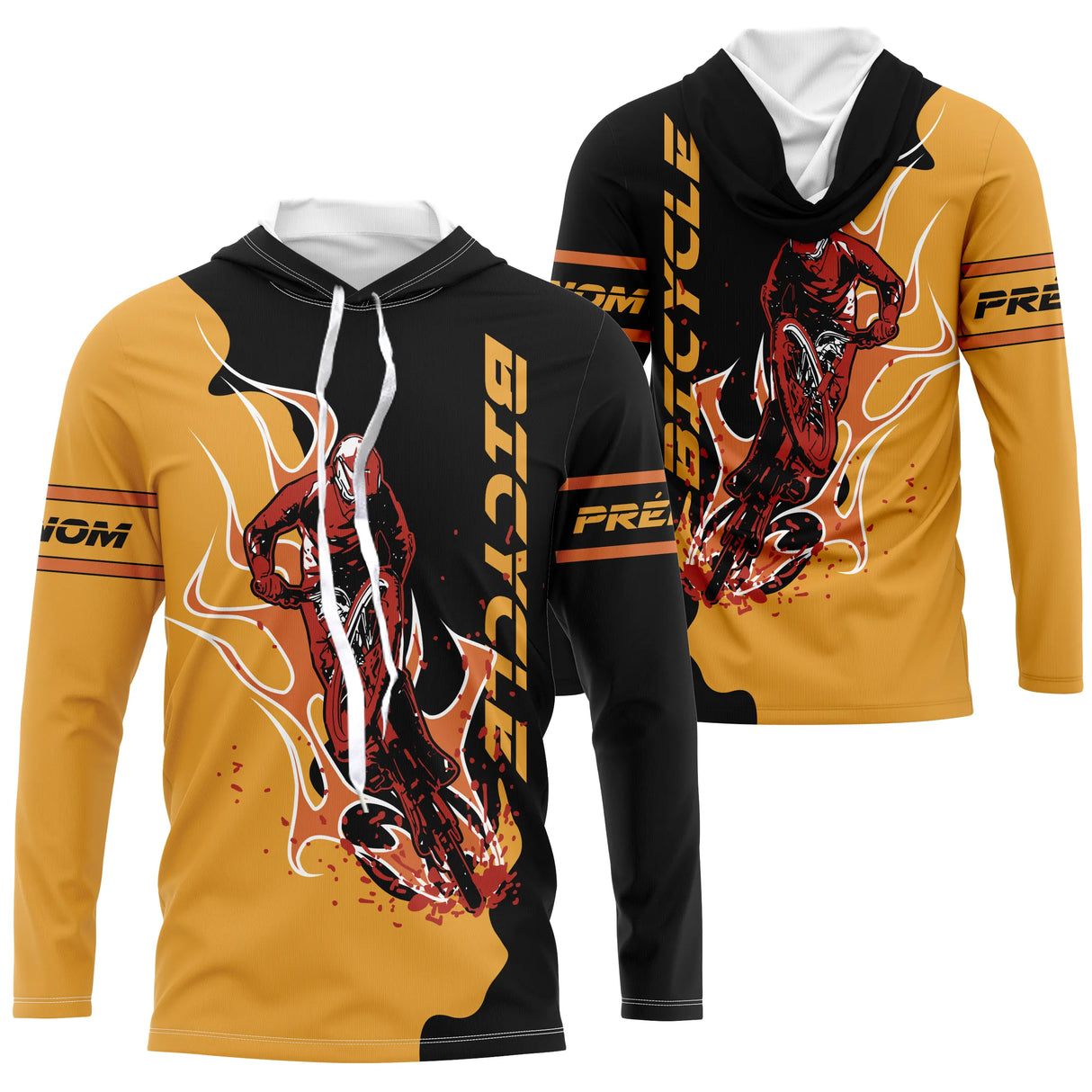 Maillot cyclisme jaune et noir all-over homme avec cyclistes en course de vitesse, prénom personnalisé