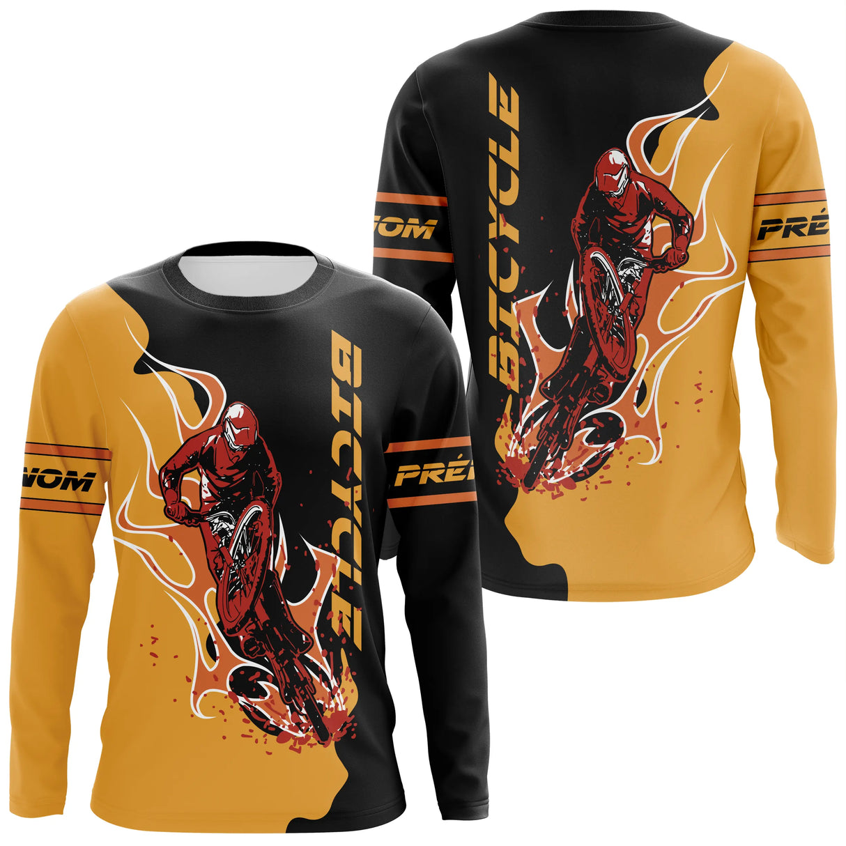 Maillot cyclisme jaune et noir all-over homme avec cyclistes en course de vitesse, prénom personnalisé