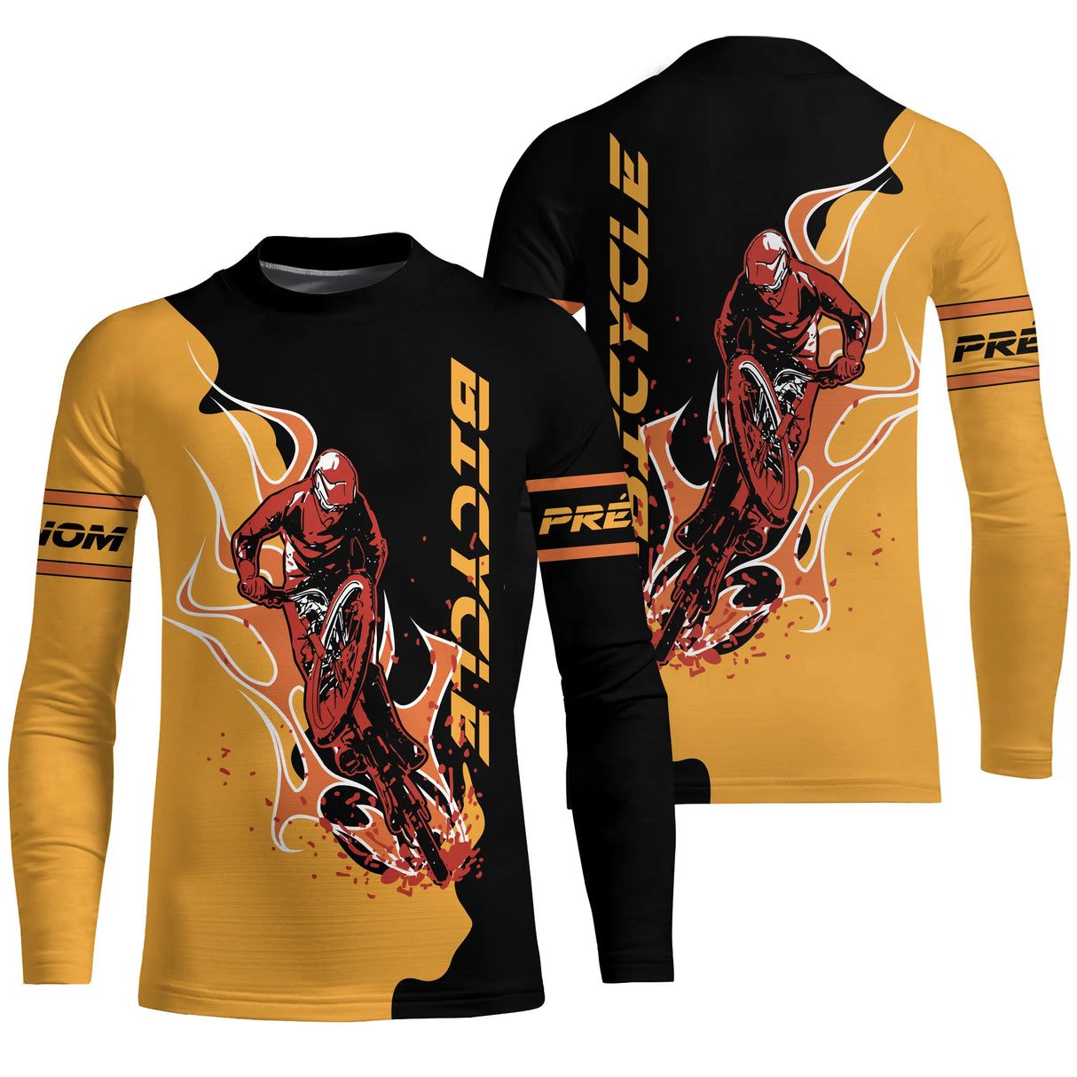 Maillot cyclisme jaune et noir all-over homme avec cyclistes en course de vitesse, prénom personnalisé