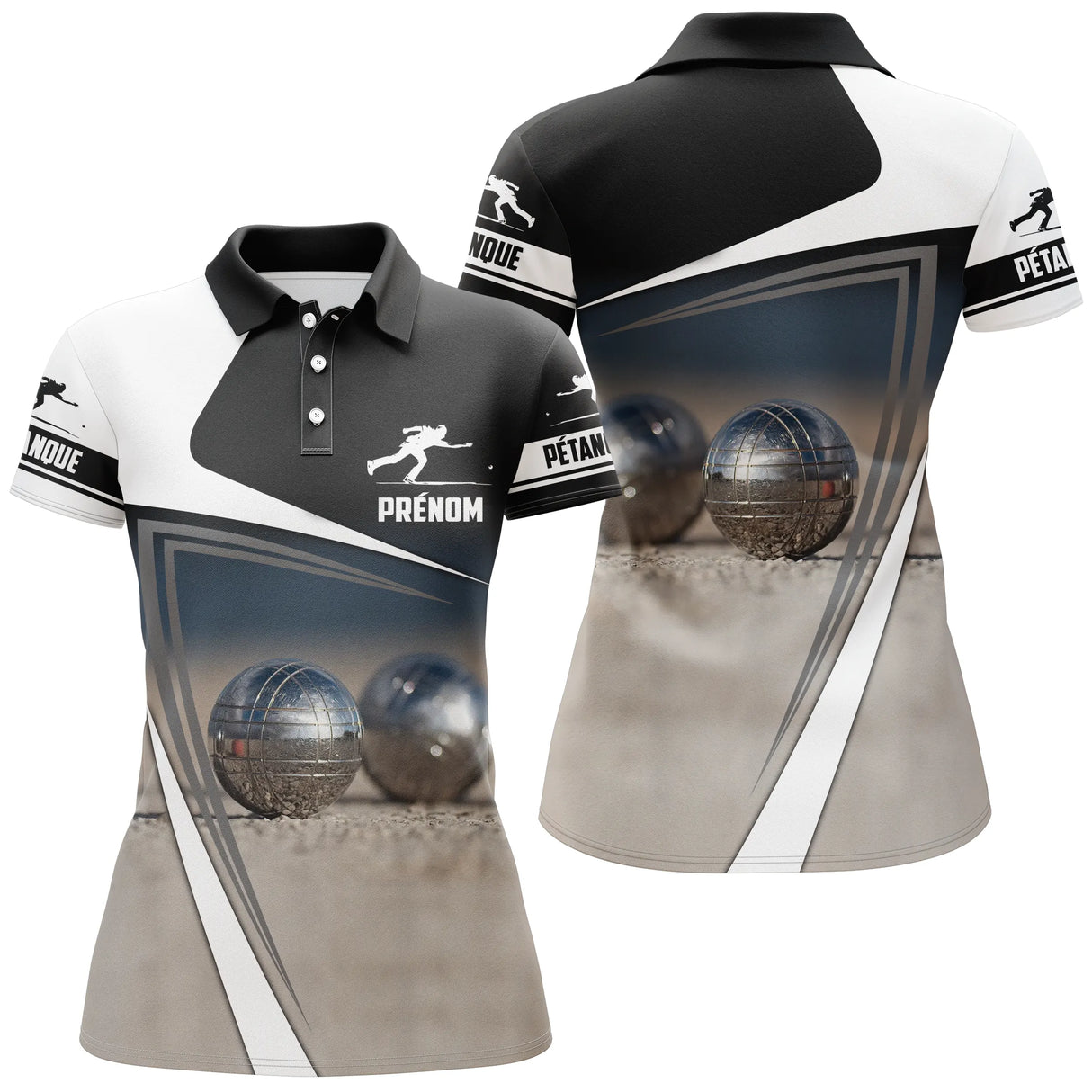 Polo pétanque noir et blanc femme avec figure de bouliste et boules sur terrain, prénom personnalisé