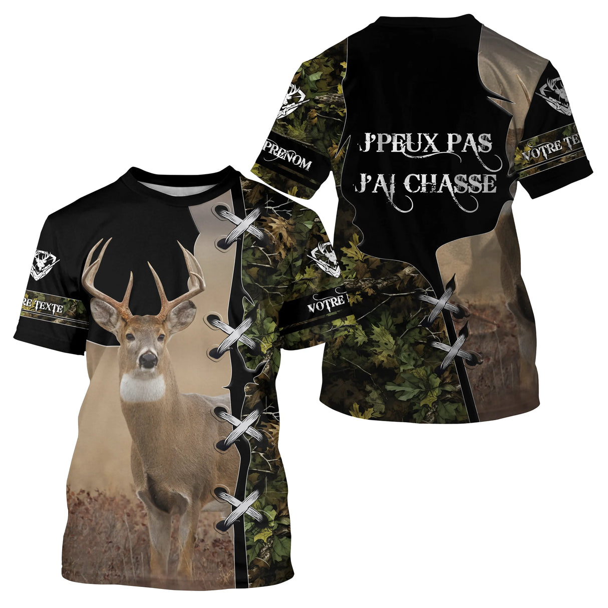 T-shirt chasse cerf camouflage forêt noir avec grand cerf au brame et J'peux pas j'ai chasse, prénom personnalisé
