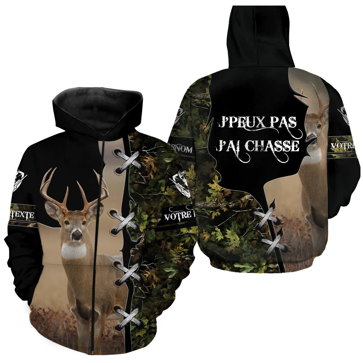 Sweat zippé chasse cerf camouflage forêt, tenue cynégétique avec prénom et texte personnalisés