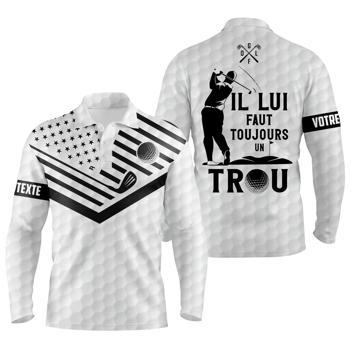 Polo manches longues golf unisexe noir et blanc drapeau stencil silhouette golfeur slogan vintage personnalisé