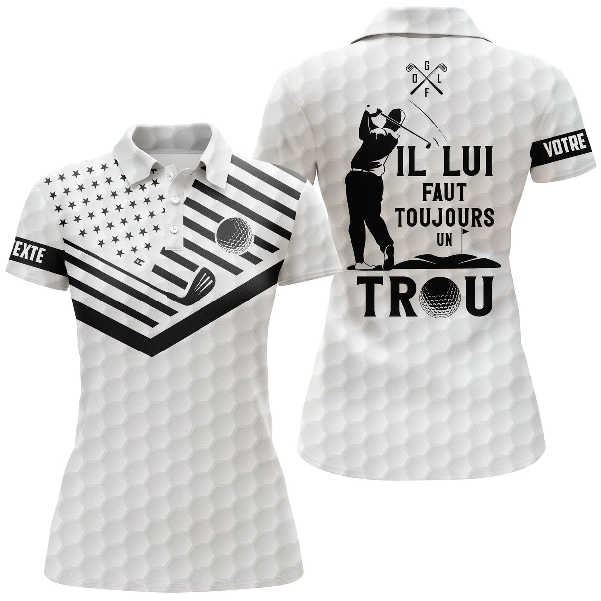 Polo golf femme noir et blanc texture balle de golf drapeau silhouette golfeuse slogan humoristique personnalisé