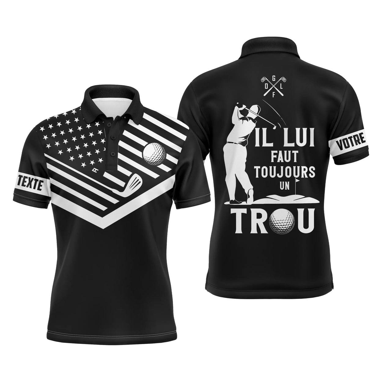 Polo golf homme noir et blanc dos avec drapeau étoilé stylisé silhouette golfeur en plein swing zone prénom personnalisable