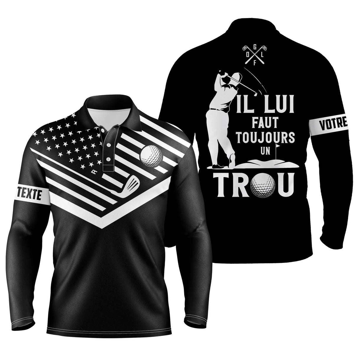Polo manches longues golf unisexe noir et blanc dos drapeau étoilé golfeur swing zone prénom personnalisable