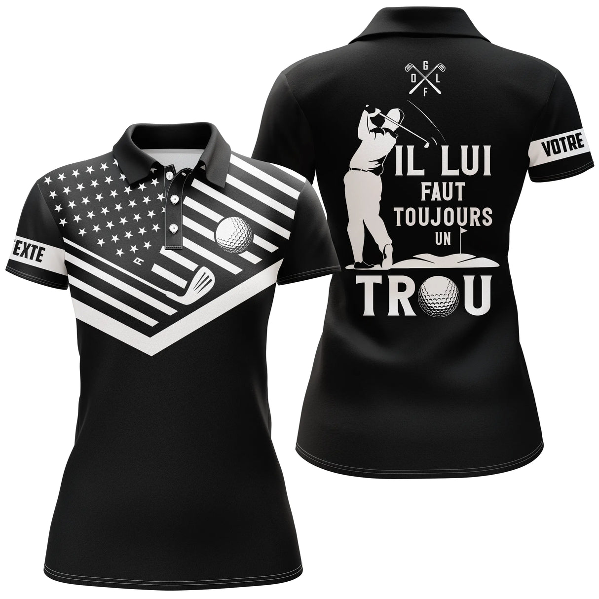 Polo golf femme noir et blanc dos drapeau étoilé golfeuse en swing zone prénom personnalisable manche