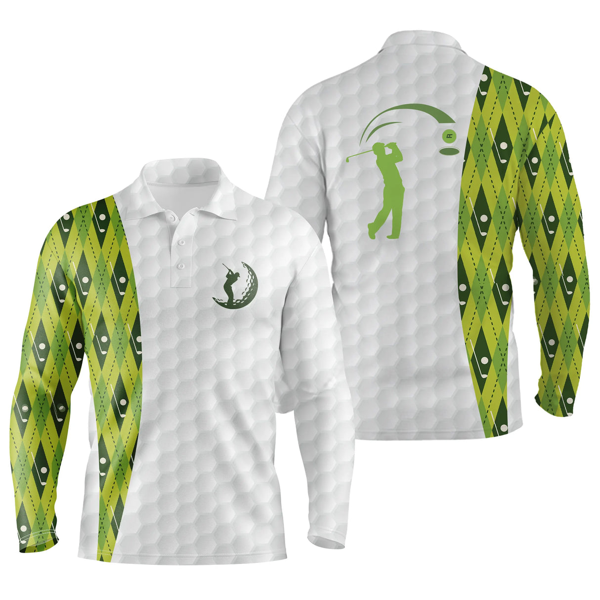 Polo manches longues golf unisexe blanc losanges vert silhouette golfeur swing tissu technique respirant