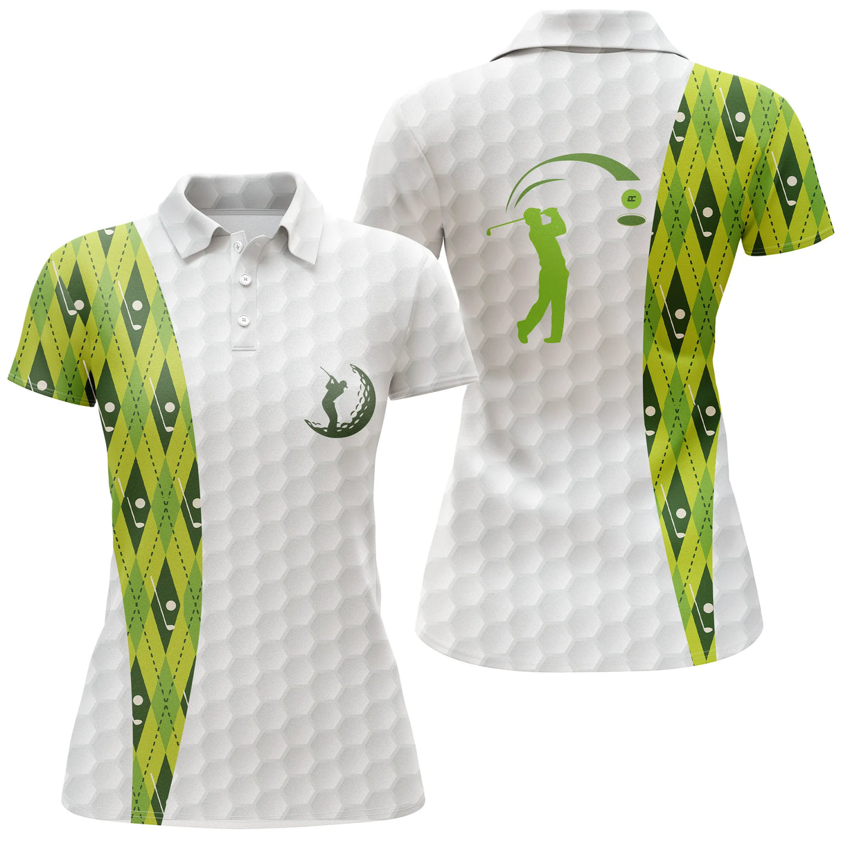 Polo golf femme blanc losanges vert prairie épaule silhouette golfeur swing coupe cintrée tissu respirant