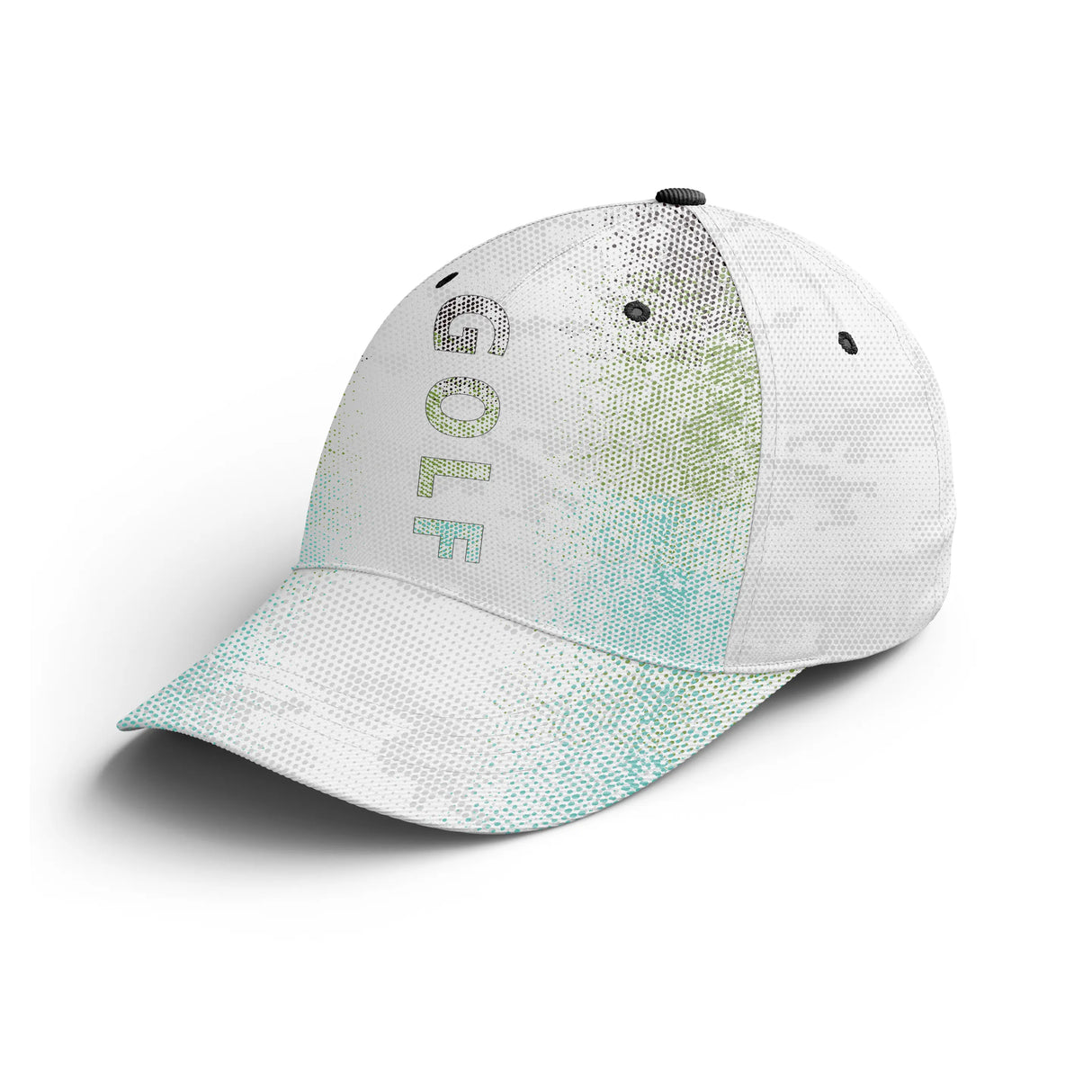 Casquette golf blanche all-over silhouettes golfeurs swing motif camouflage subtil unisexe parcours