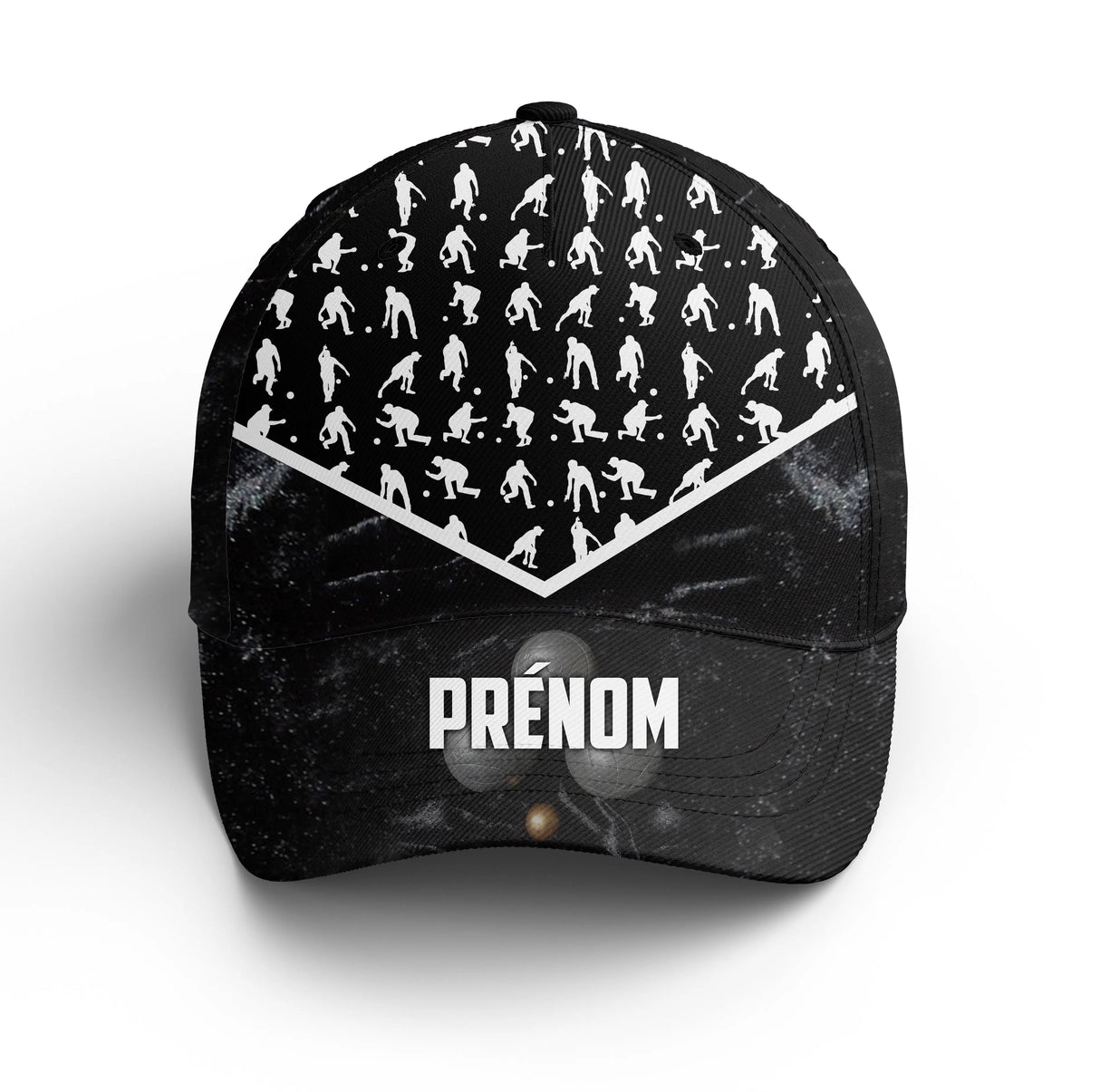 Casquette pétanque noir uniforme silhouettes joueurs blanches prénom broderie côté unisexe personnalisée