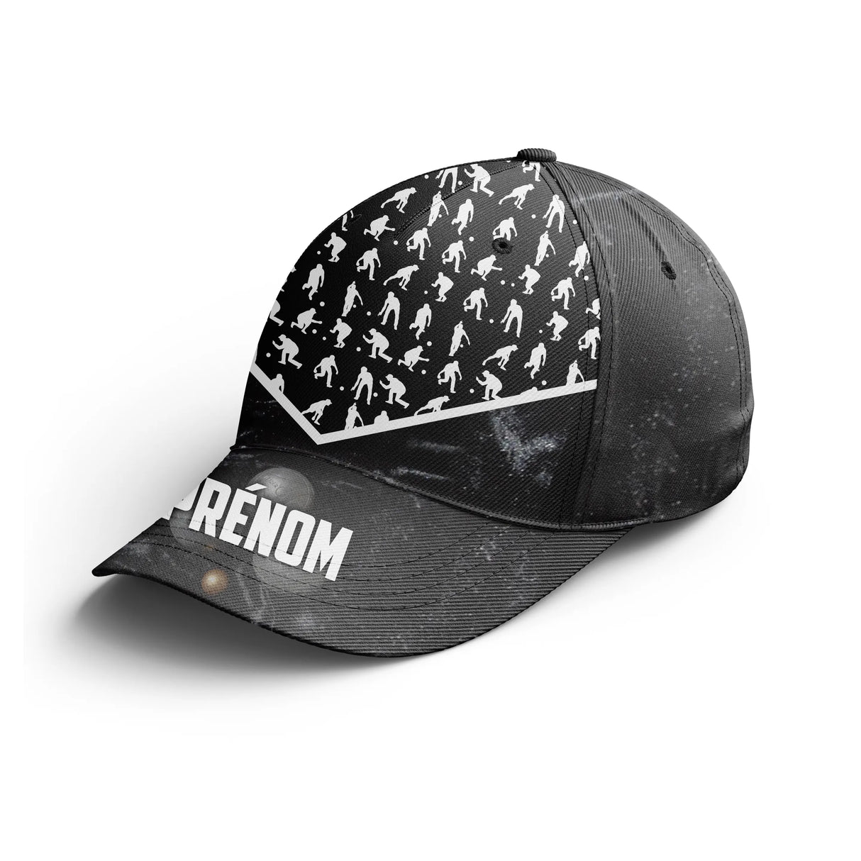Casquette pétanque noire all-over silhouettes blanches boulistes prénom côté broderie unisexe personnalisée