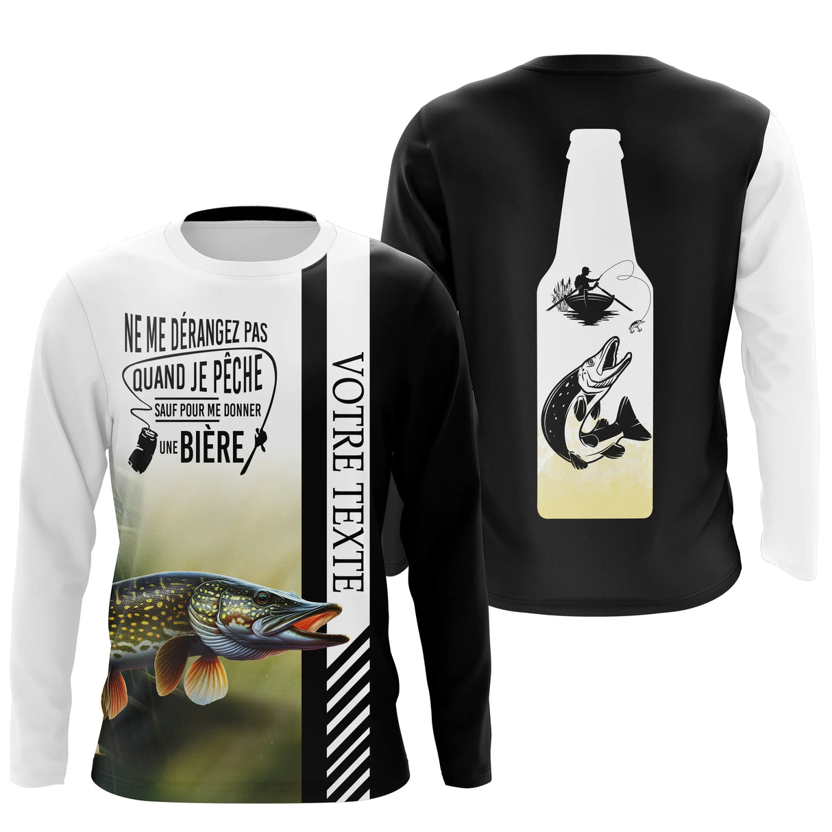 Hoodie pêche brochet noir blanc capuche zone Votre Texte motif carnassier vue dos