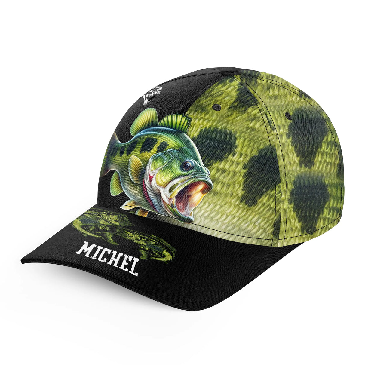Casquette pêche bar vert noir bar attaque dynamique prénom Michel côté broderie pêcheur côtier personnalisée
