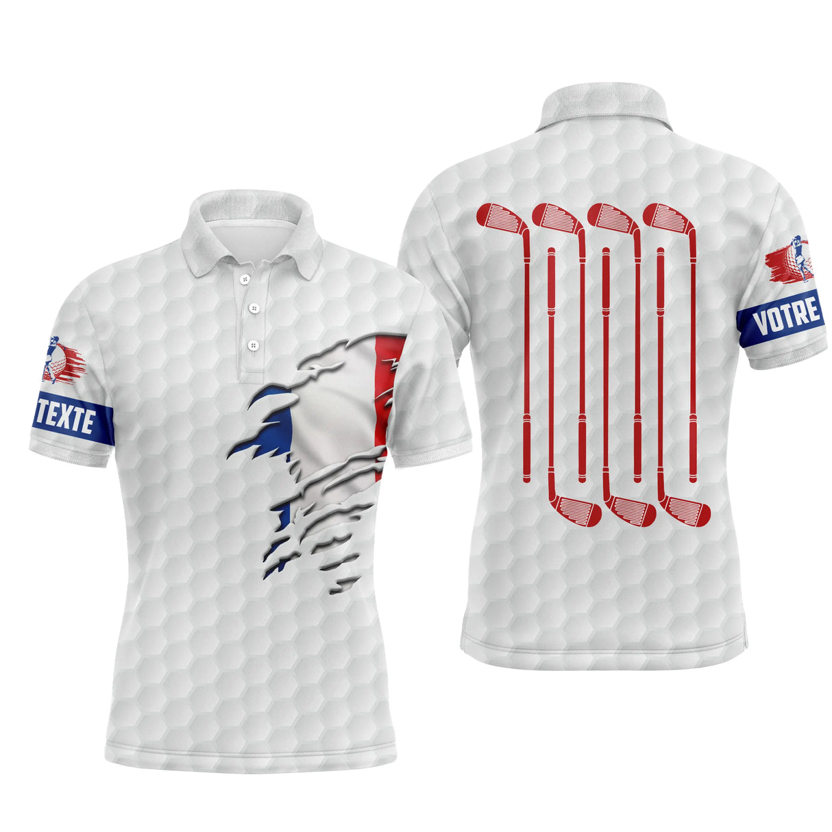 Polo golf homme blanc texture balle de golf clubs croisés rouge bleu silhouette golfeur swing zone Votre Texte manche
