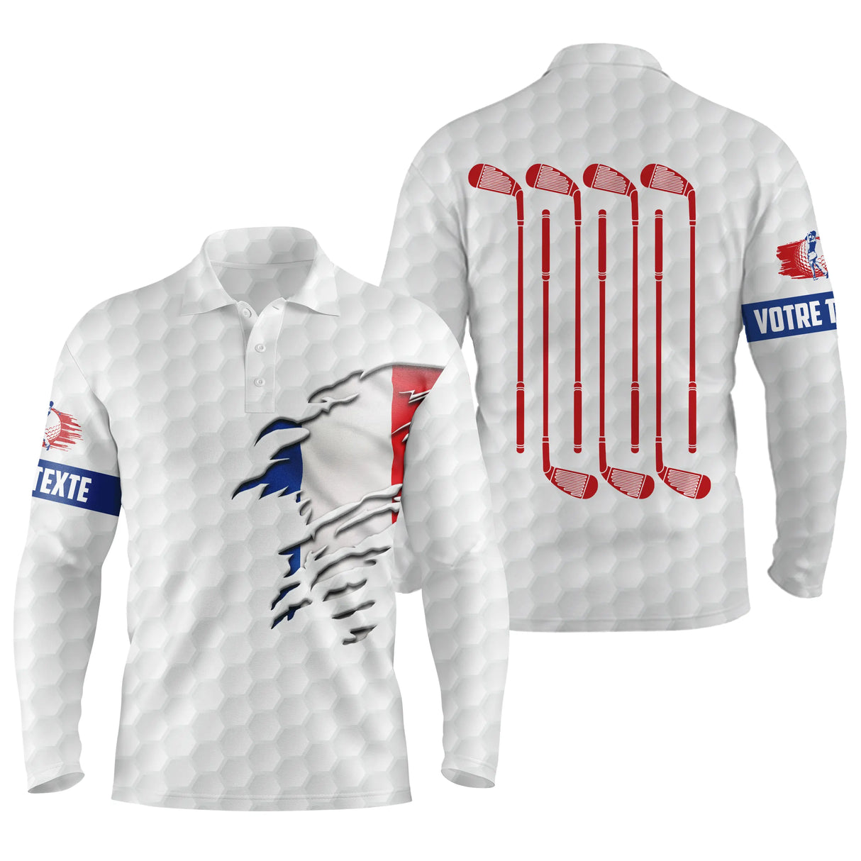 Polo manches longues golf unisexe blanc clubs croisés rouge bleu silhouette golfeur tissu technique respirant