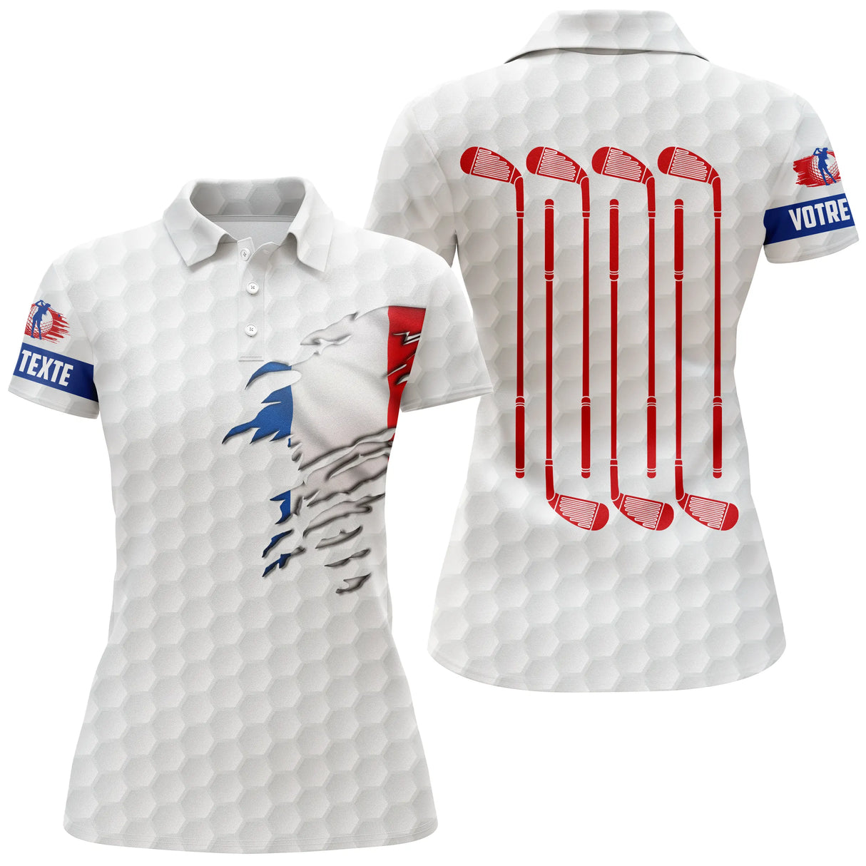 Polo golf femme blanc texture balle clubs croisés rouge bleu silhouette golfeur coupe cintrée tissu respirant