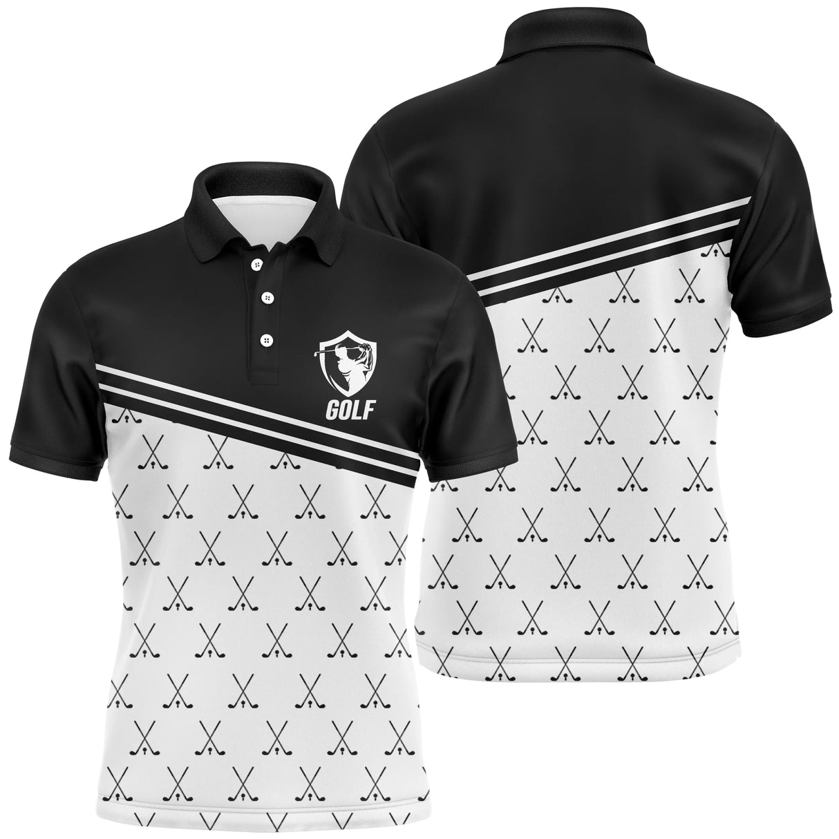 Polo golf noir et blanc homme avec motif clubs de golf répétés et écusson GOLF