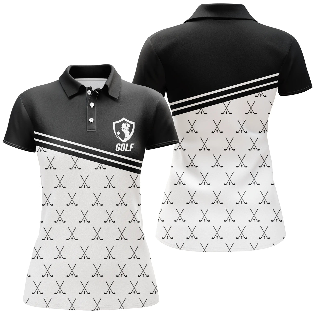 Polo golf noir et blanc femme avec clubs stylisés et logo GOLF élégant