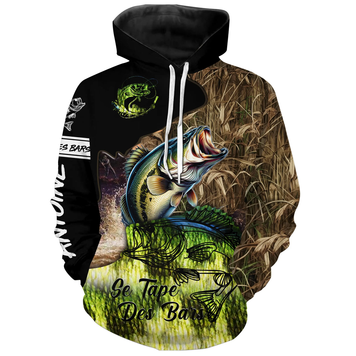 Hoodie pêche bar camouflage roseaux orange vert avec impression bar attaque Be The Bait