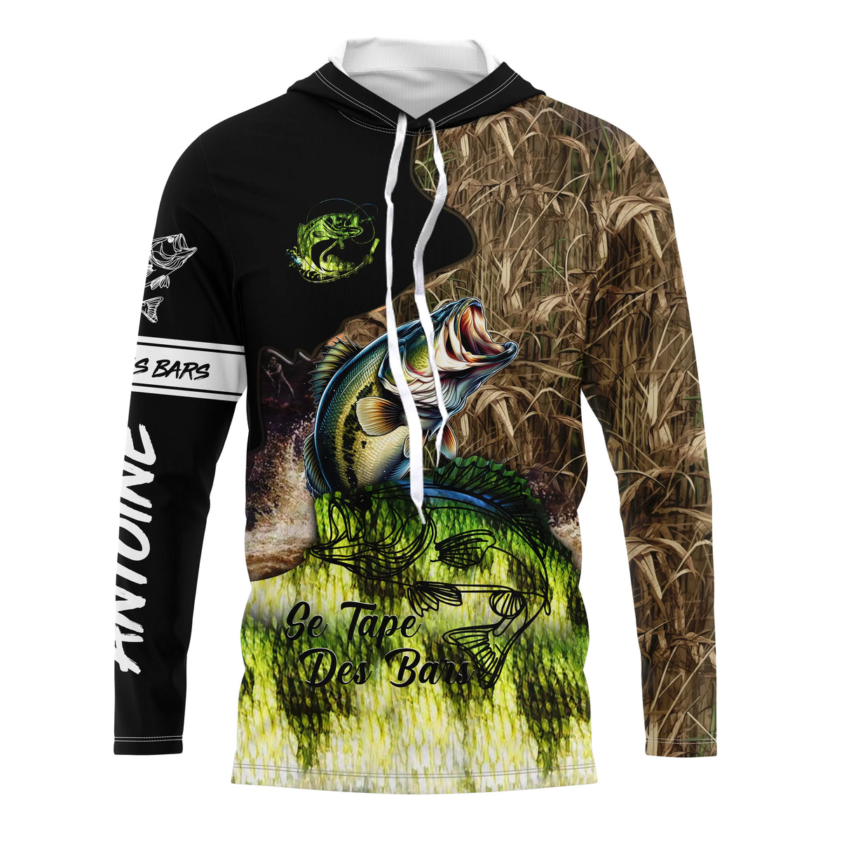 Tenue de pêche bar personnalisée hoodie camouflage roseaux orange vert avec bar en attaque et lettrage Be The Bait