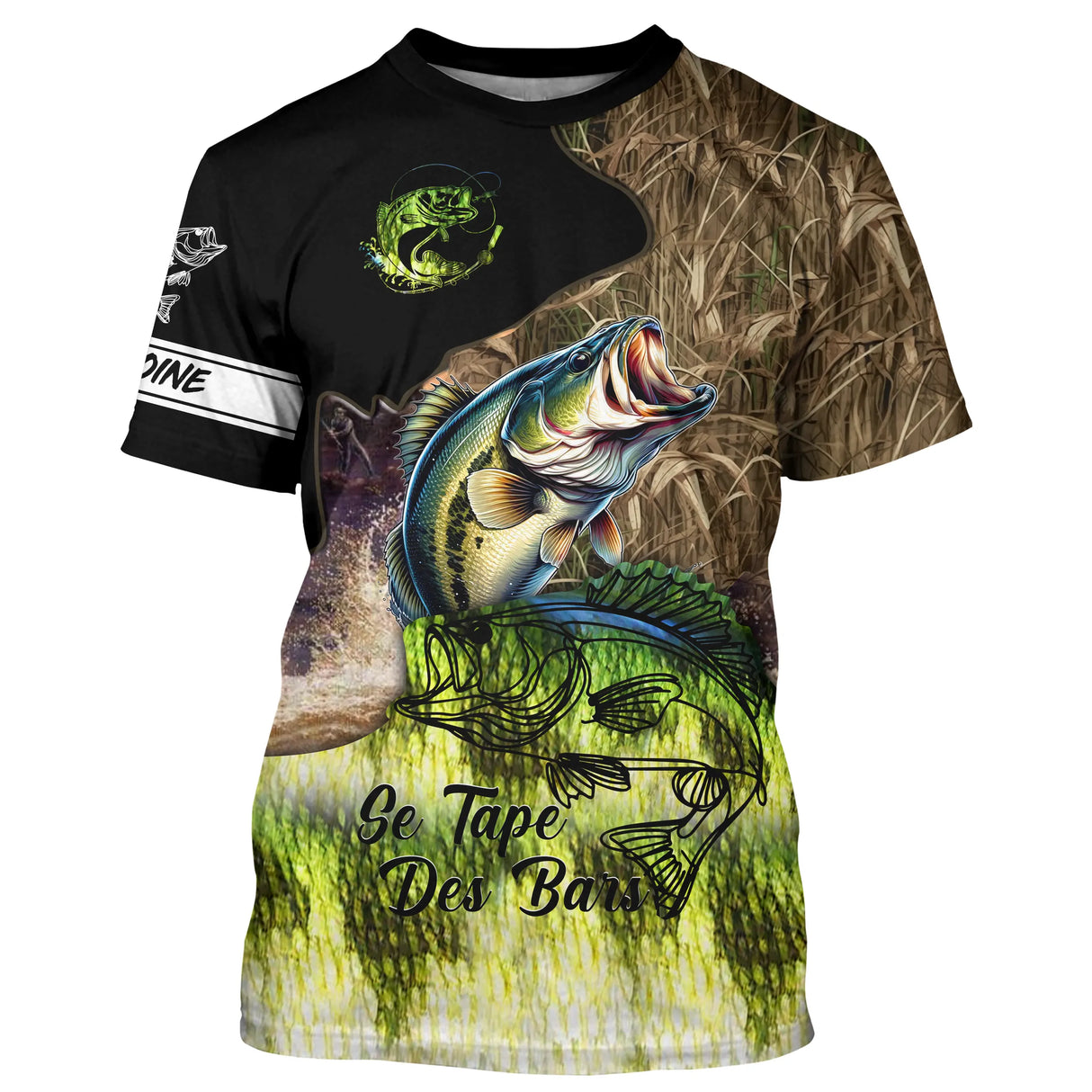 T-shirt all-over pêche bar camouflage roseaux orange vert bar en attaque coupe unisexe surfcasting
