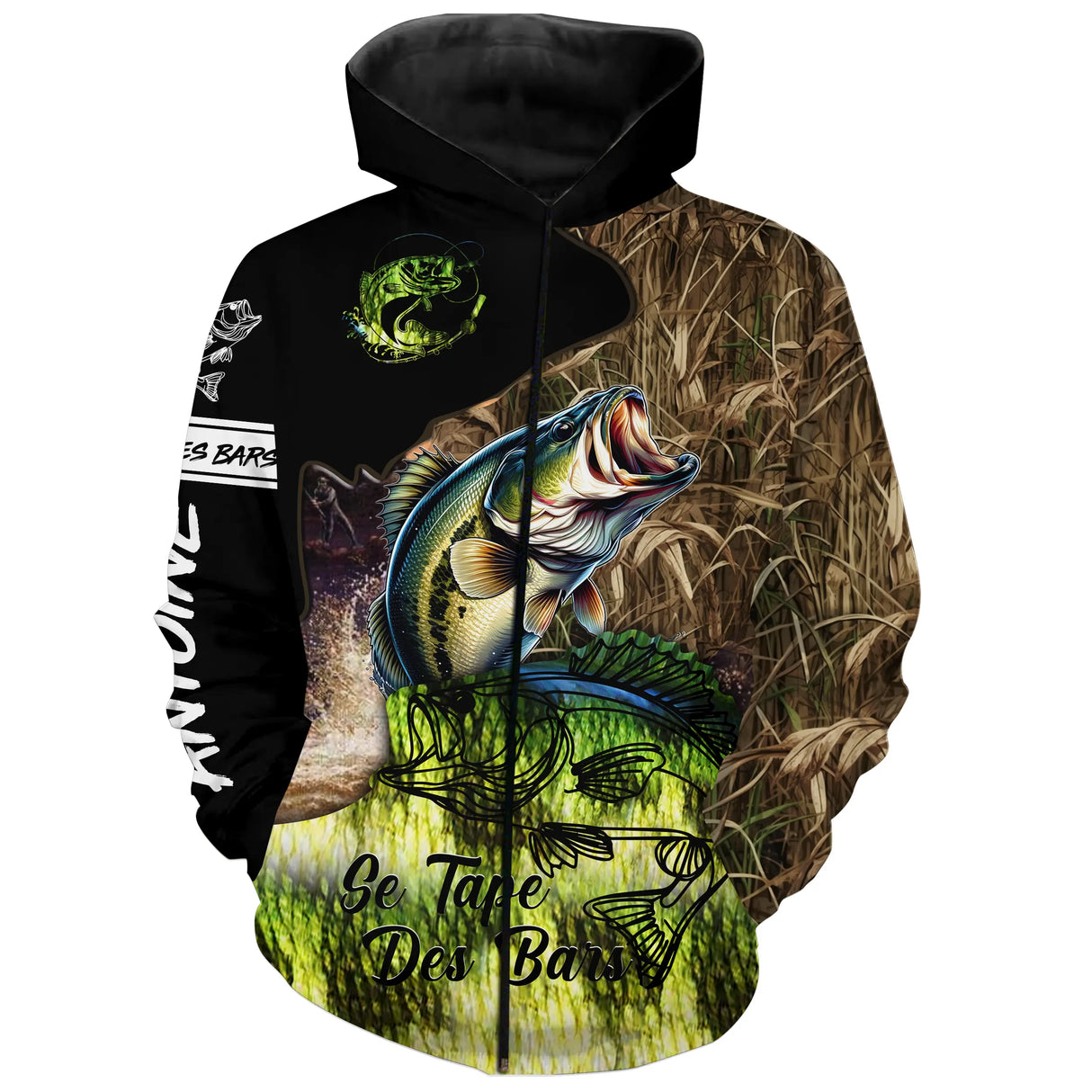 Sweat zippé all-over pêche bar camouflage roseaux coupe unisexe pour traque du loup