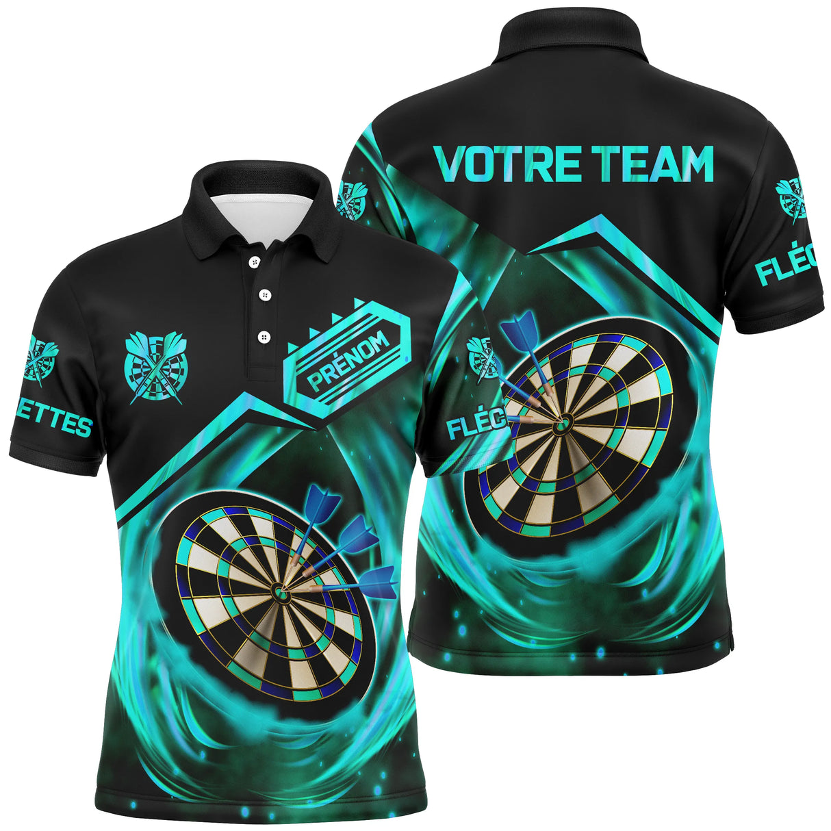 Polo fléchettes homme all-over avec cibles et fléchettes, prénom et nom équipe personnalisés