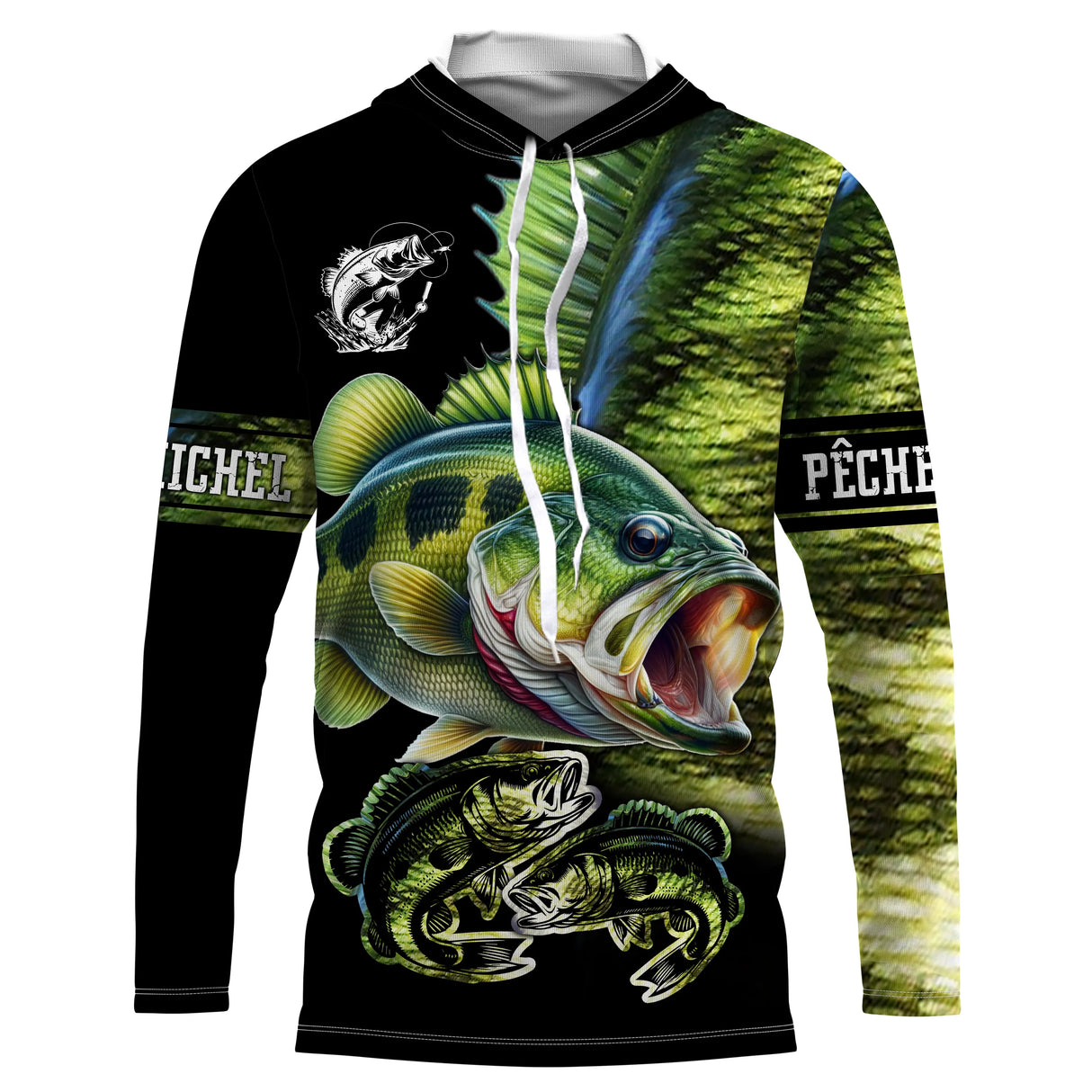 Sweat capuche pêche bar all-over peau écaillée vert noir motif perche-bar respirant écologique prénom personnalisé