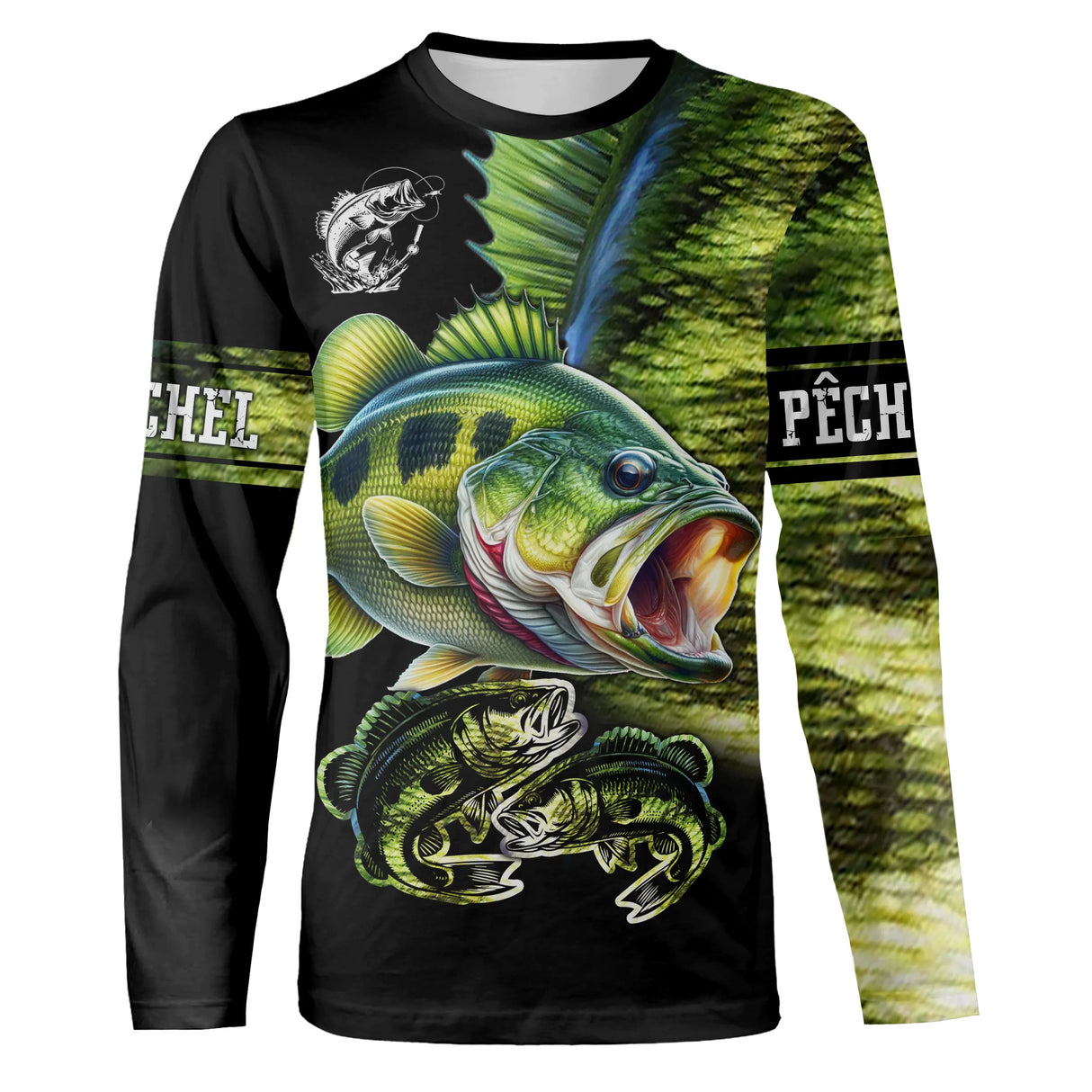 T-shirt manches longues pêche bar all-over peau écaillée verte motif perche-bar carnassier prénom personnalisé